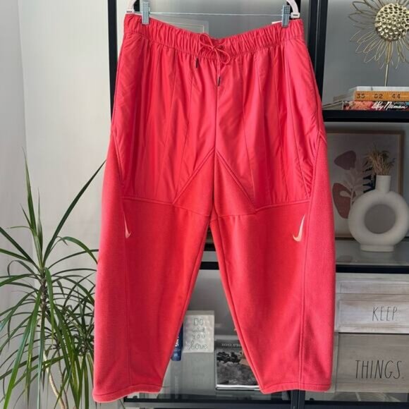 Nike Women’s Swoosh Loose Fit Red Orange Plush Fleece Barrel Leg Pants Size XL - Picture 1 of 12